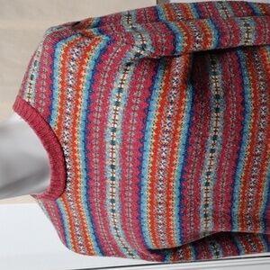 Lands End mens pink, blue, orange and green cotton blend crewneck sweater. Small